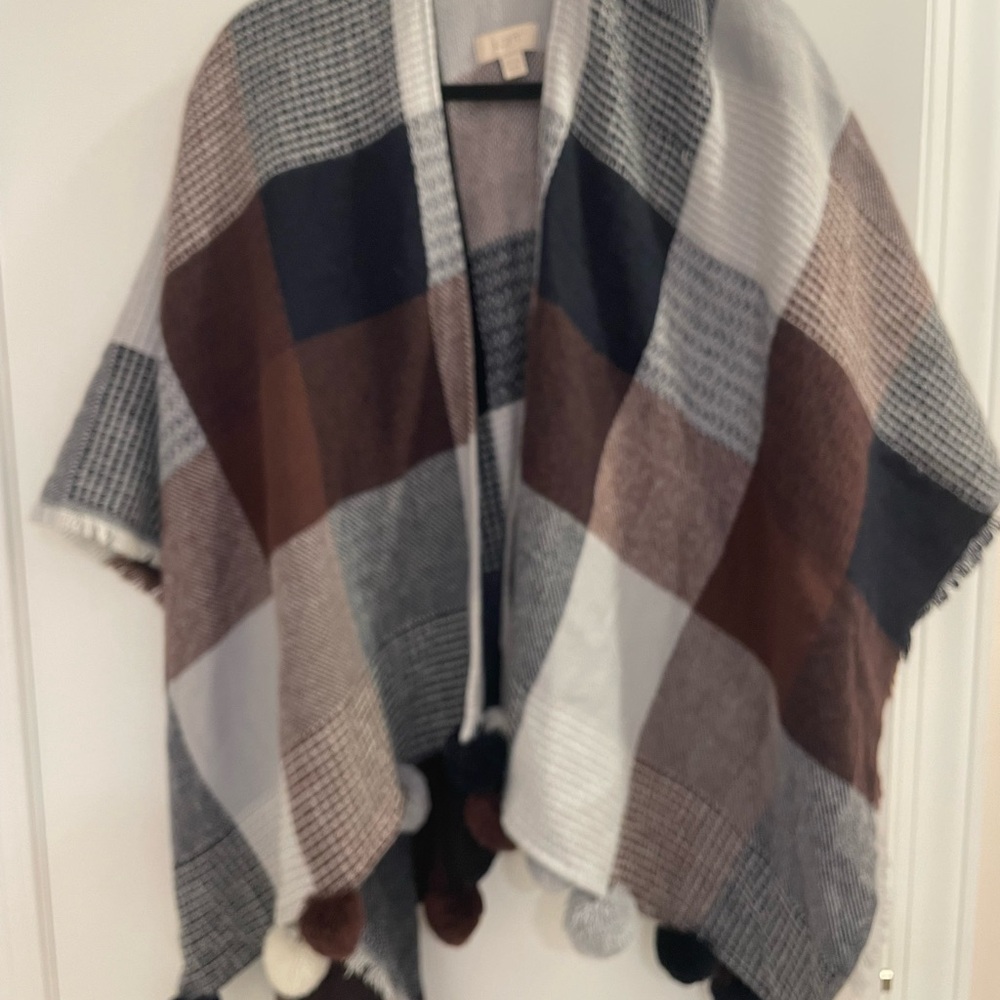Plaid Poncho with Pom Poms